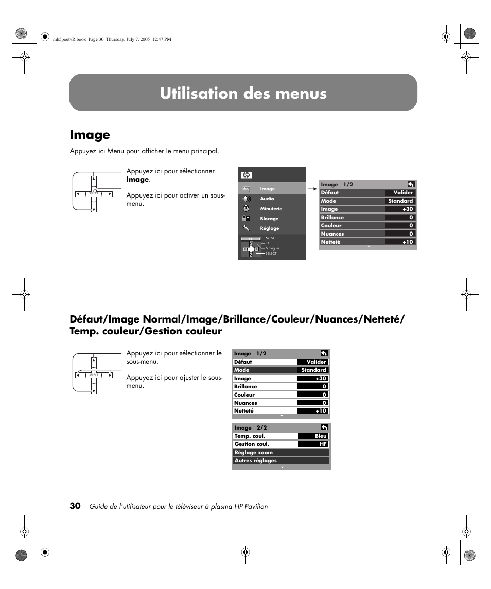 Utilisation des menus, Image | HP Pavilion PE4200N User Manual | Page 116 / 242