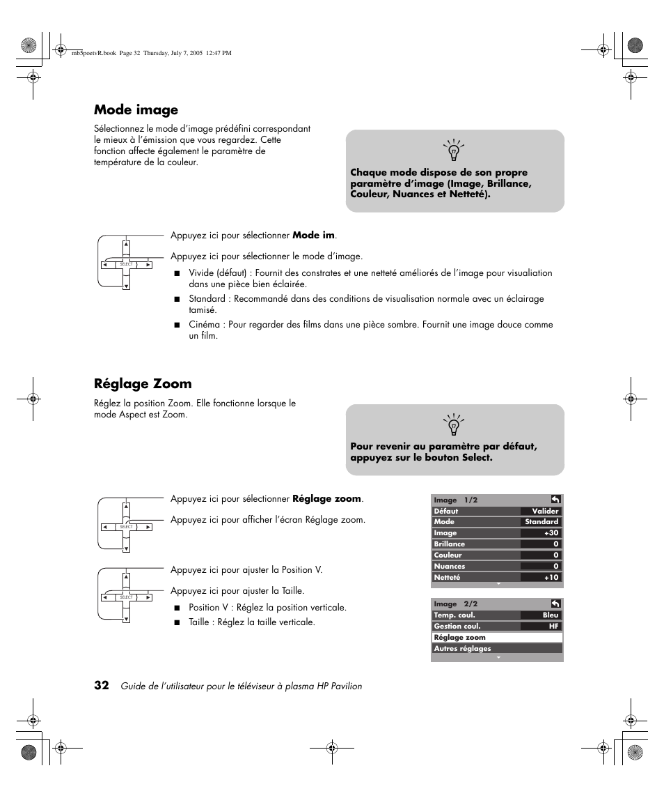 Mode image, Réglage zoom | HP Pavilion PE4200N User Manual | Page 118 / 242