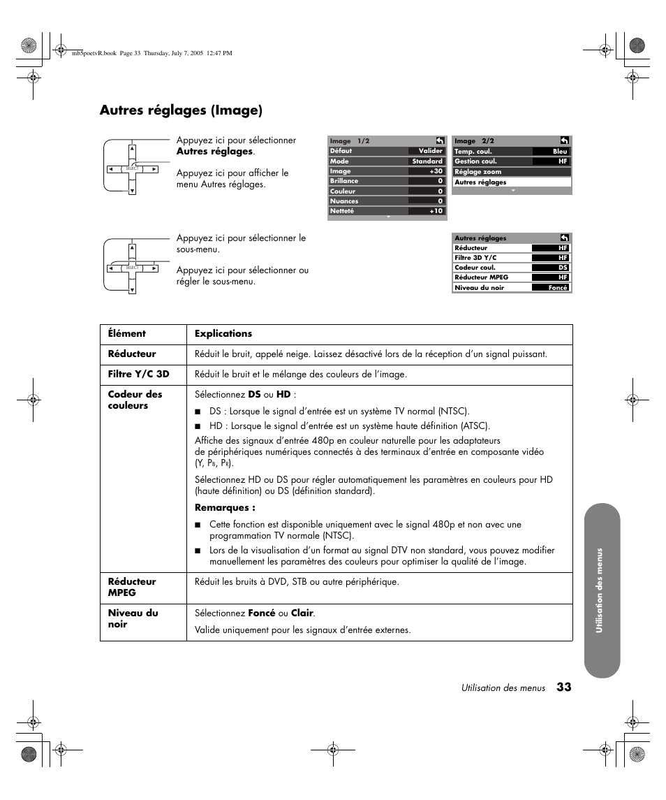 Autres réglages (image) | HP Pavilion PE4200N User Manual | Page 119 / 242