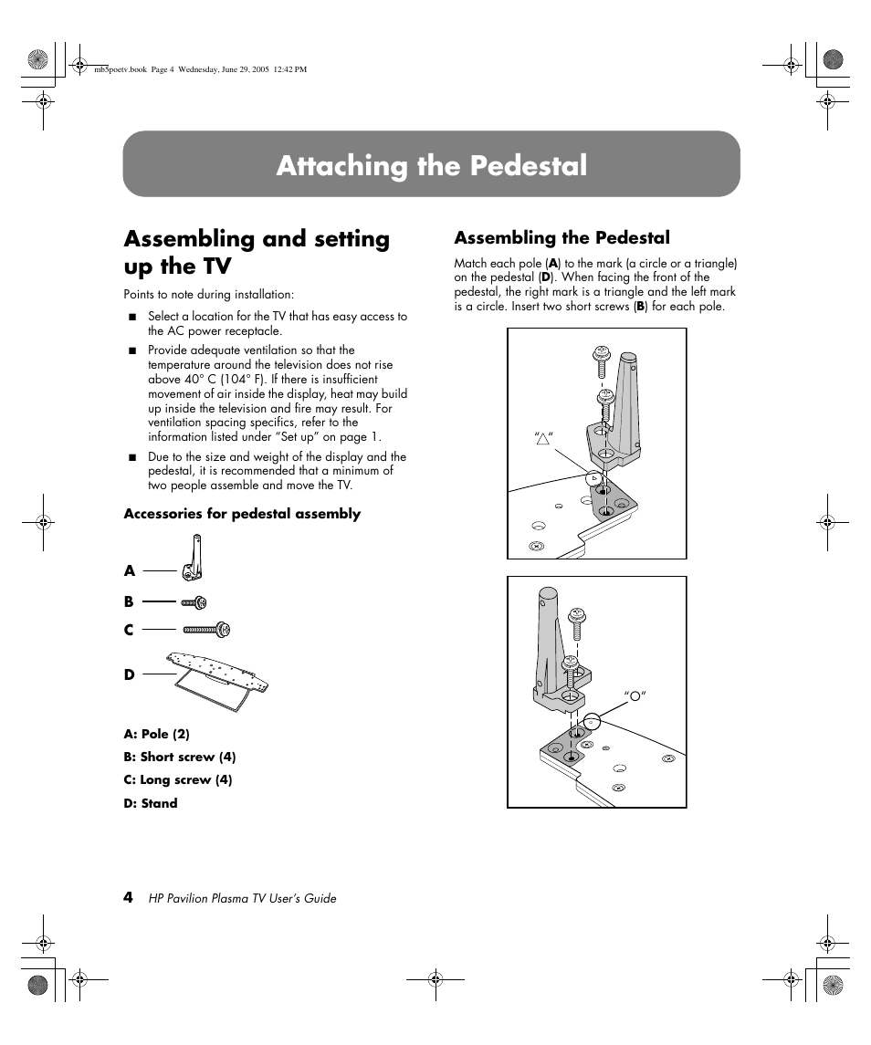 Attaching the pedestal, Assembling and setting up the tv, Assembling the pedestal | HP Pavilion PE4200N User Manual | Page 12 / 242