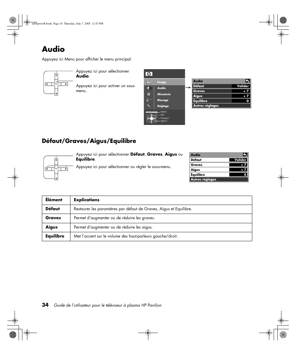 Audio, Défaut/graves/aigus/equilibre | HP Pavilion PE4200N User Manual | Page 120 / 242