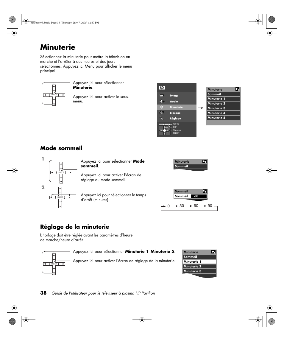 Minuterie, Mode sommeil réglage de la minuterie | HP Pavilion PE4200N User Manual | Page 124 / 242