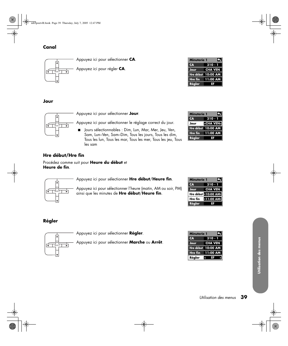 Canal jour hre début/hre fin, Régler | HP Pavilion PE4200N User Manual | Page 125 / 242