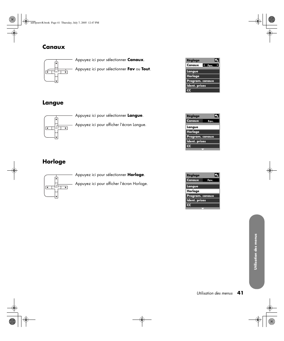 Canaux langue horloge | HP Pavilion PE4200N User Manual | Page 127 / 242