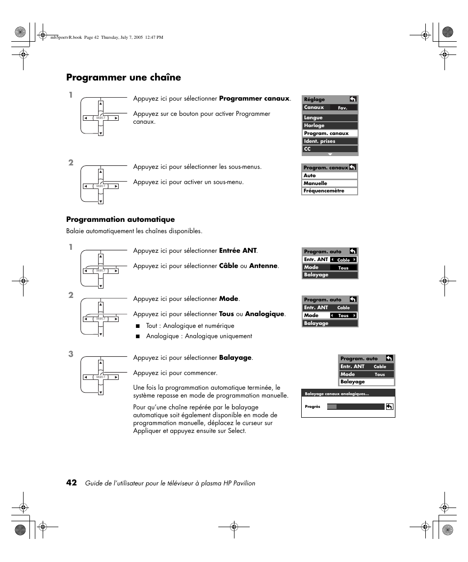 Programmer une chaîne, Programmation automatique | HP Pavilion PE4200N User Manual | Page 128 / 242