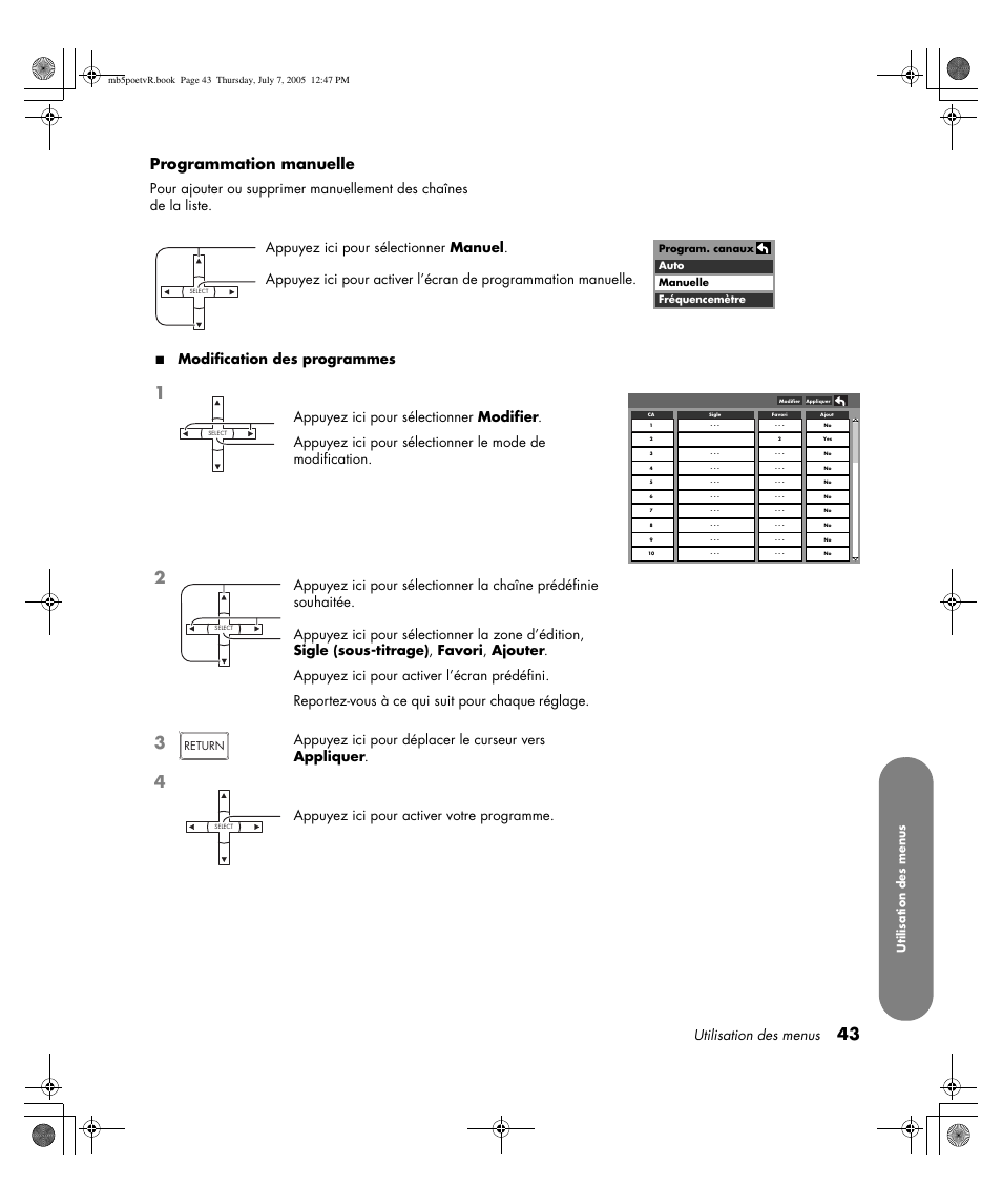 Programmation manuelle, Appuyez ici pour activer votre programme, Utilisation des menus | HP Pavilion PE4200N User Manual | Page 129 / 242