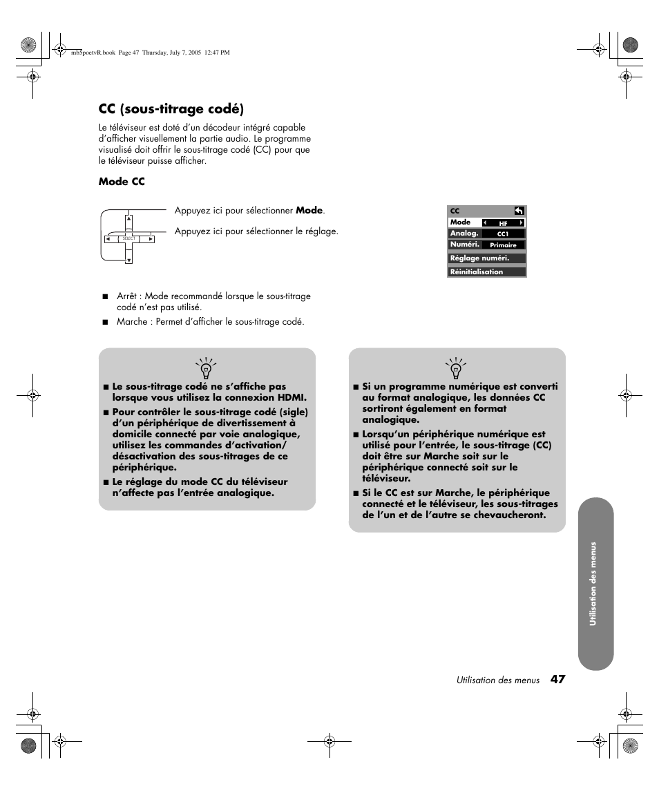 Cc (sous-titrage codé) | HP Pavilion PE4200N User Manual | Page 133 / 242