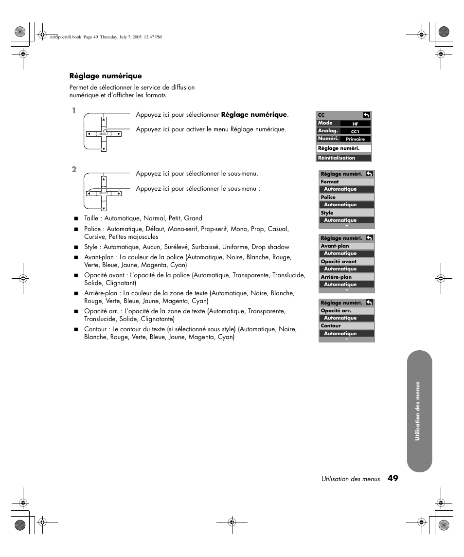 Réglage numérique | HP Pavilion PE4200N User Manual | Page 135 / 242