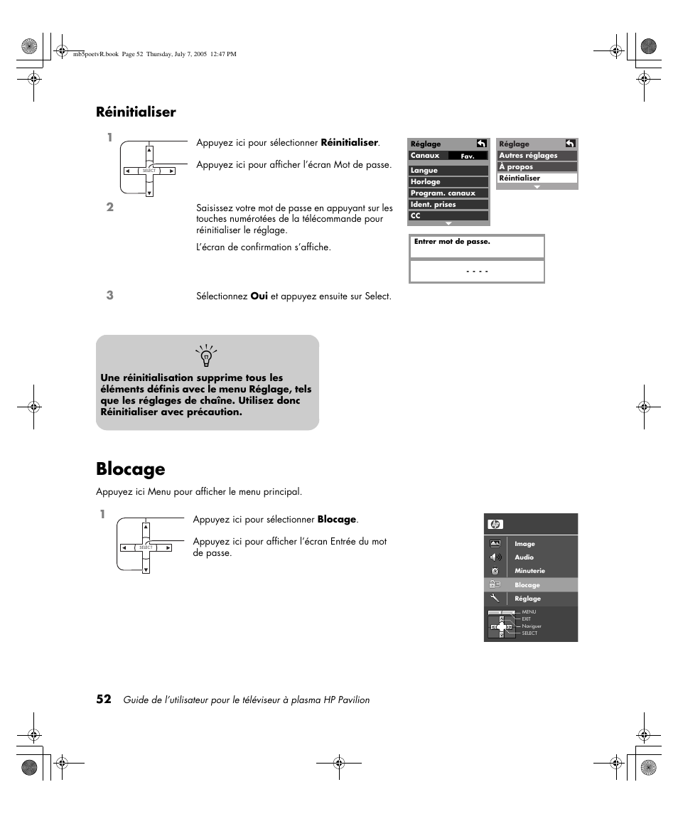 Blocage, Réinitialiser | HP Pavilion PE4200N User Manual | Page 138 / 242