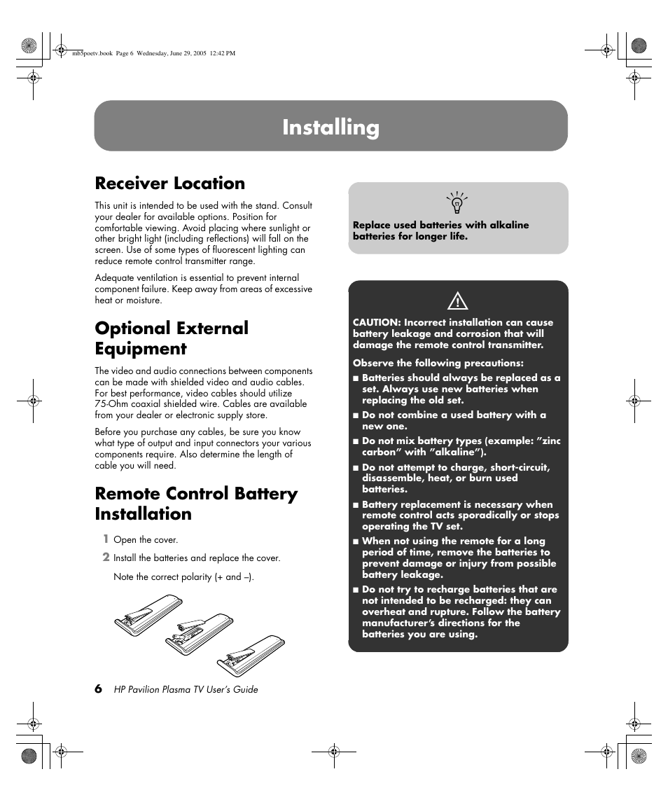 Installing, Receiver location, Optional external equipment | Remote control battery installation | HP Pavilion PE4200N User Manual | Page 14 / 242