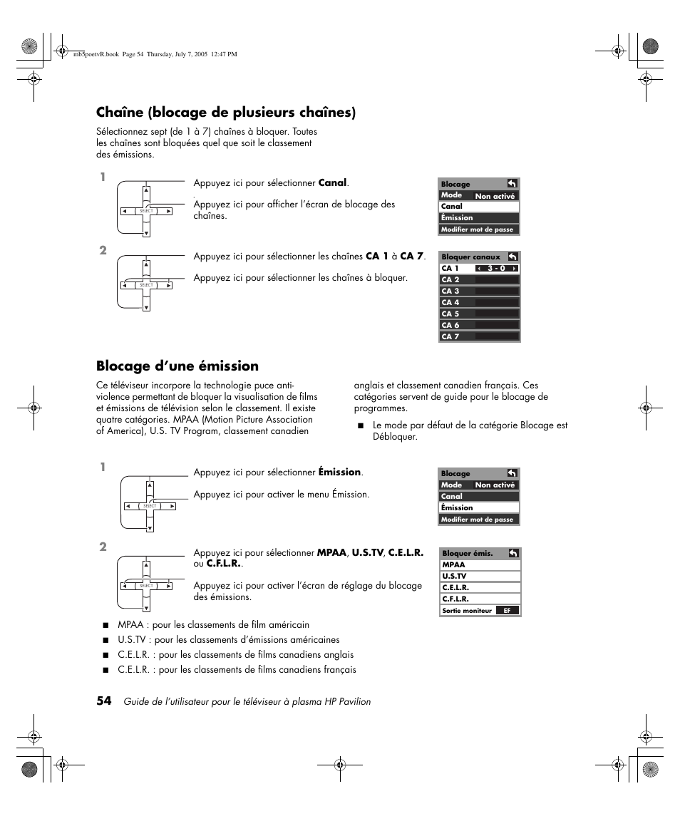 Chaîne (blocage de plusieurs chaînes), Blocage d’une émission | HP Pavilion PE4200N User Manual | Page 140 / 242