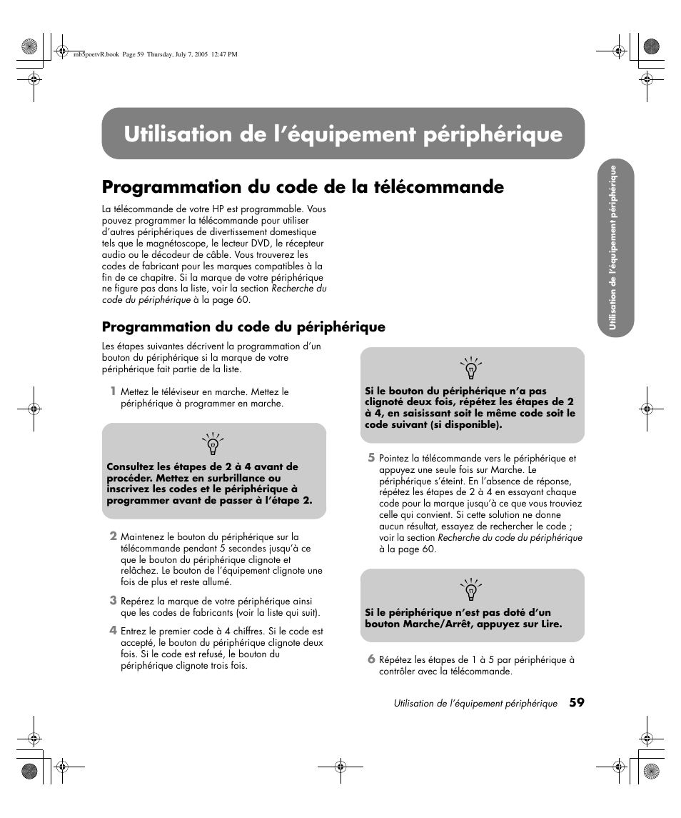 Utilisation de l’équipement périphérique, Programmation du code de la télécommande | HP Pavilion PE4200N User Manual | Page 145 / 242