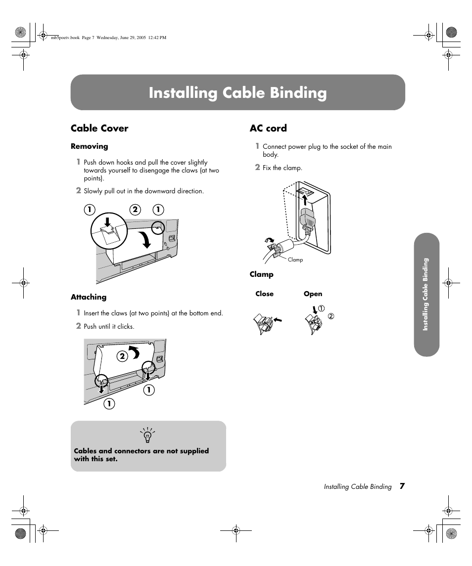 Installing cable binding, Cable cover, Ac cord | HP Pavilion PE4200N User Manual | Page 15 / 242