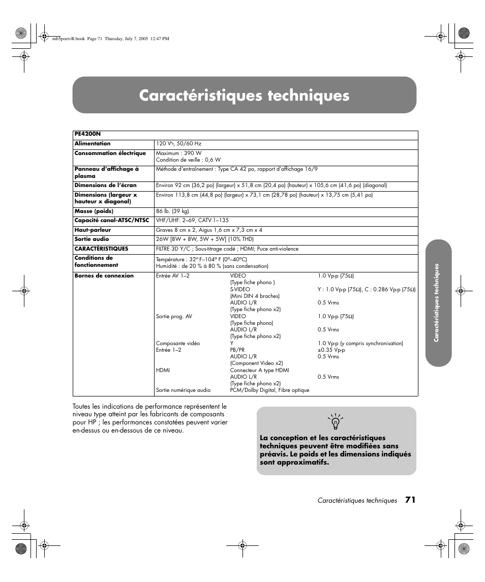 Caractéristiques techniques | HP Pavilion PE4200N User Manual | Page 157 / 242
