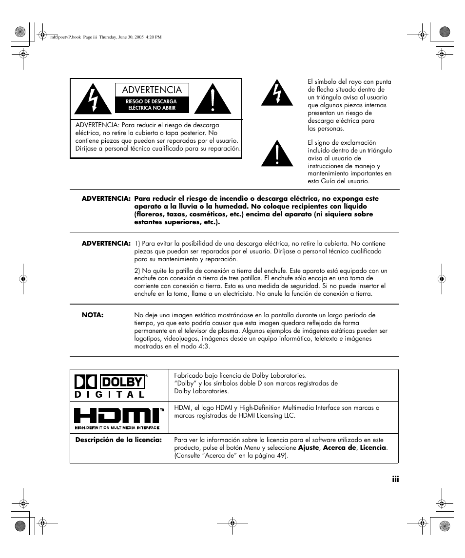 Advertencia | HP Pavilion PE4200N User Manual | Page 165 / 242