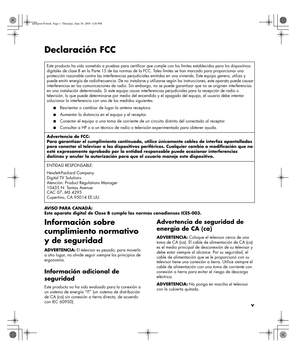 Declaración fcc, Información adicional de seguridad, Advertencia de seguridad de energía de ca (ca) | HP Pavilion PE4200N User Manual | Page 167 / 242