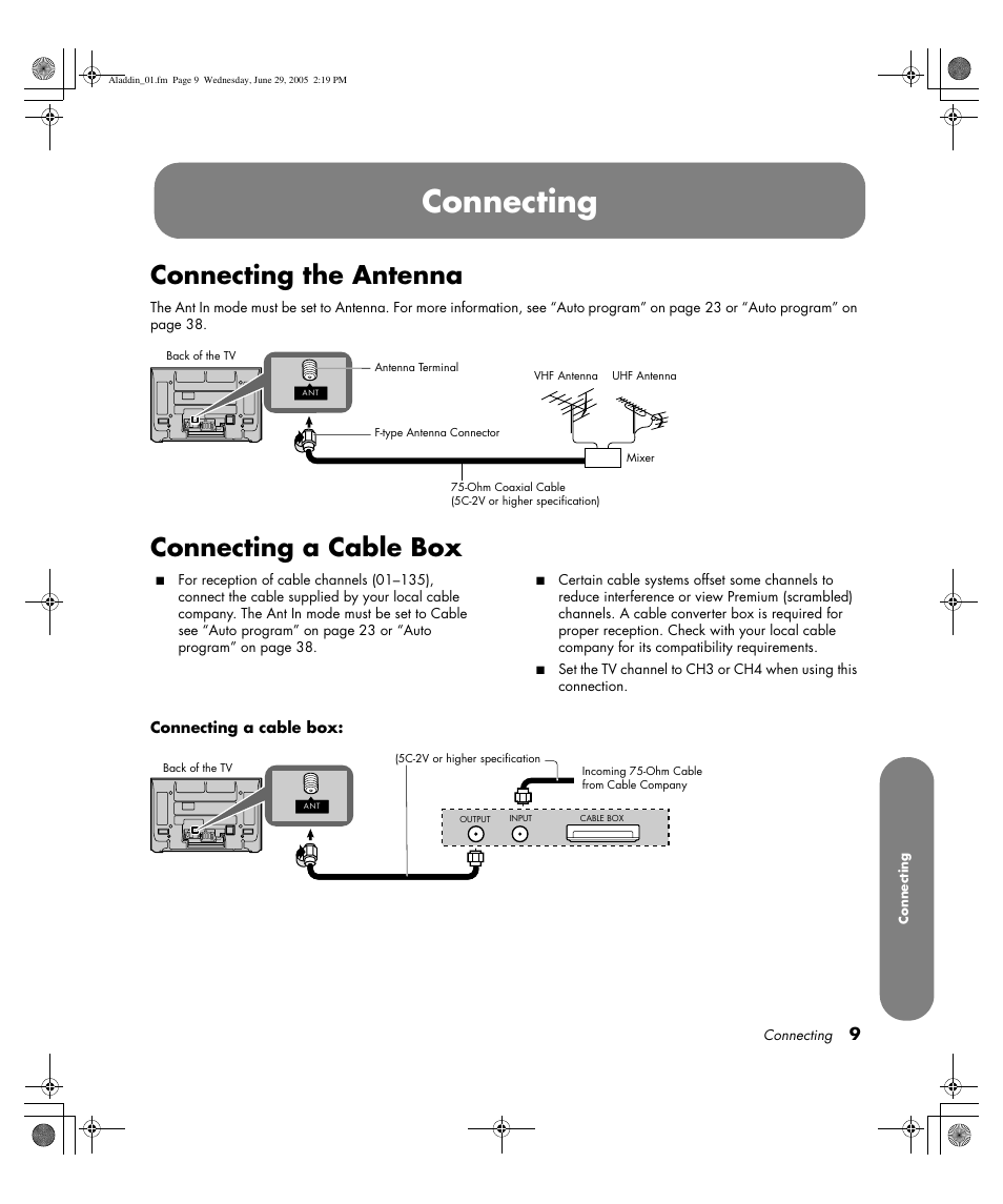 Connecting, Connecting the antenna, Connecting a cable box | HP Pavilion PE4200N User Manual | Page 17 / 242