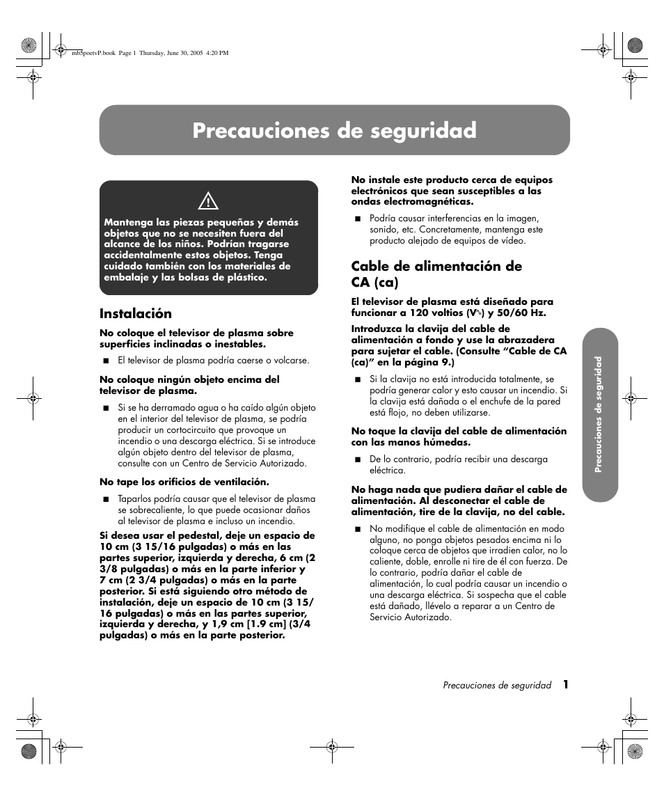 Precauciones de seguridad, Instalación, Cable de alimentación de ca (ca) | HP Pavilion PE4200N User Manual | Page 171 / 242