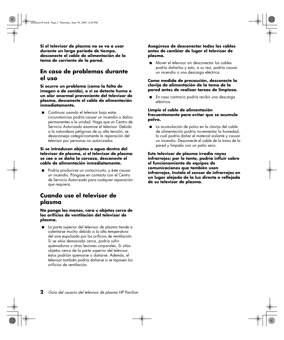 En caso de problemas durante el uso, Cuando use el televisor de plasma | HP Pavilion PE4200N User Manual | Page 172 / 242