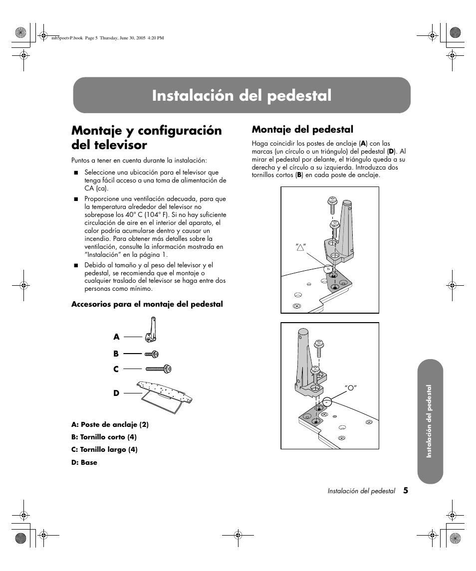 Instalación del pedestal, Montaje y configuración del televisor, Montaje del pedestal | HP Pavilion PE4200N User Manual | Page 175 / 242