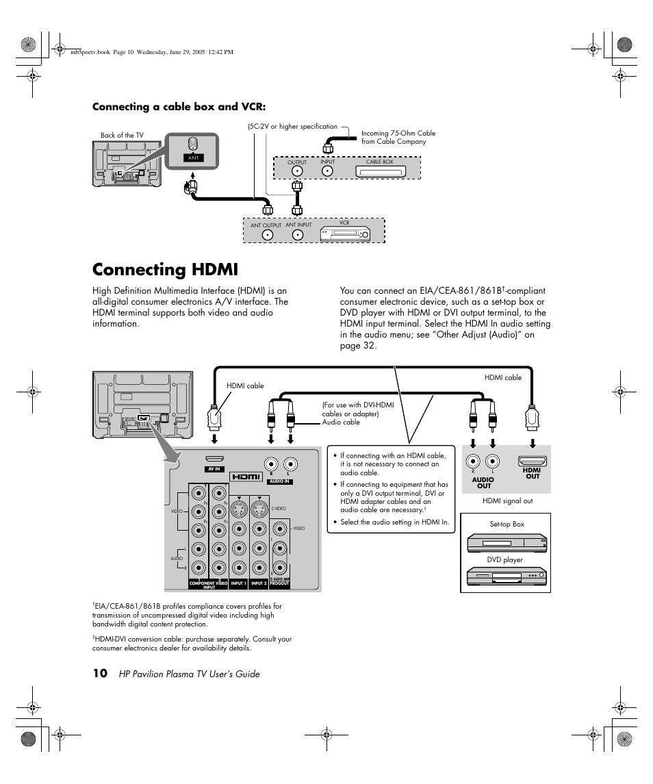 Connecting hdmi, Connecting a cable box and vcr, Av in r l audio in | Hp pavilion plasma tv user’s guide | HP Pavilion PE4200N User Manual | Page 18 / 242