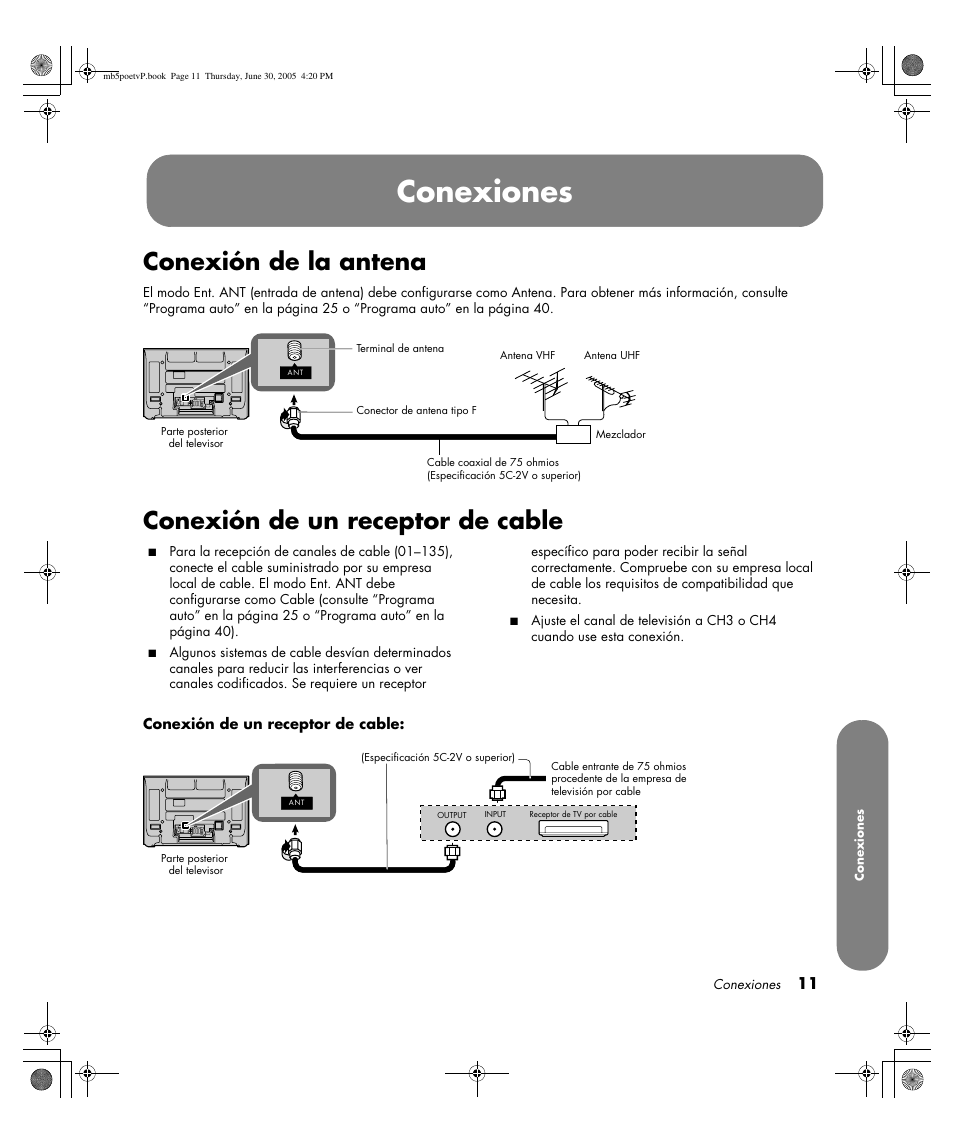 Conexiones, Conexión de la antena, Conexión de un receptor de cable | HP Pavilion PE4200N User Manual | Page 181 / 242