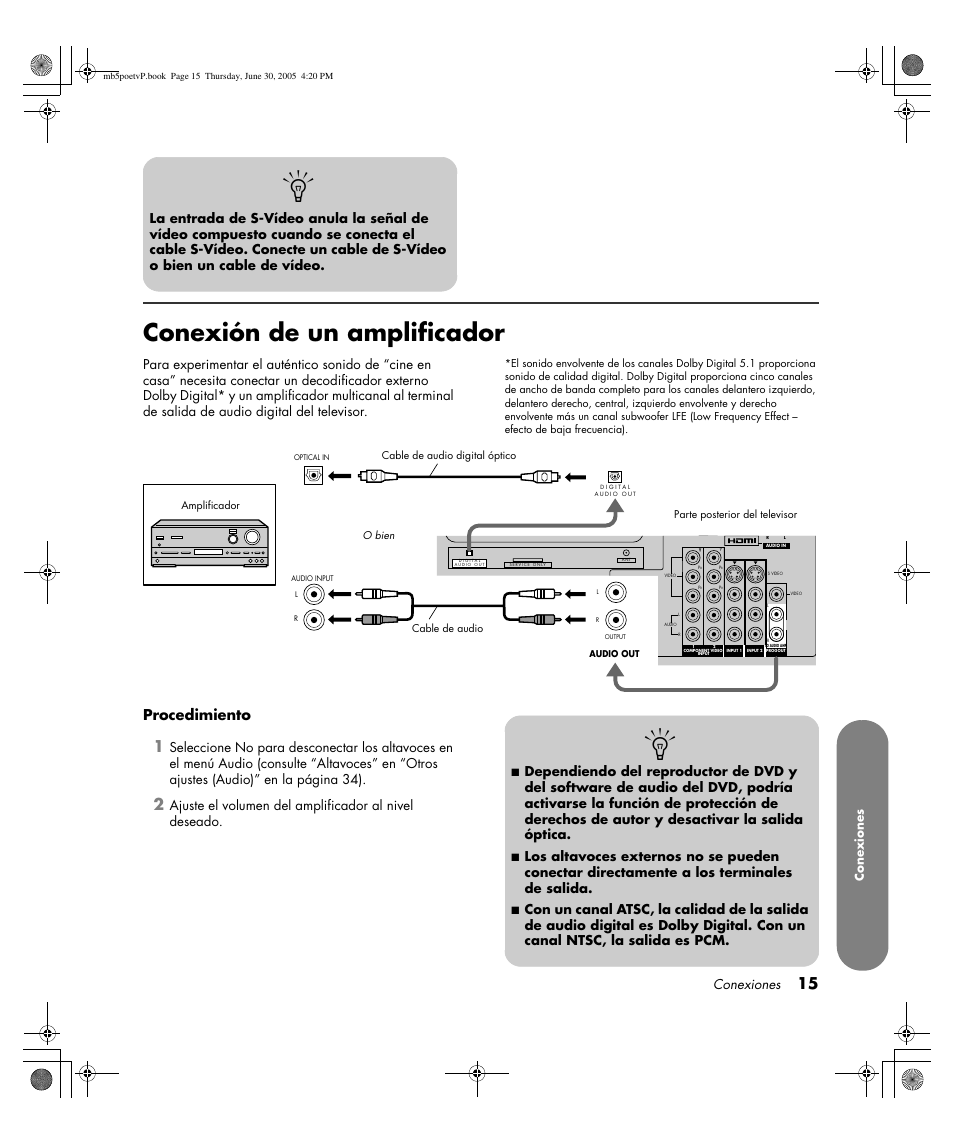 Conexión de un amplificador, Procedimiento, Conexiones | HP Pavilion PE4200N User Manual | Page 185 / 242