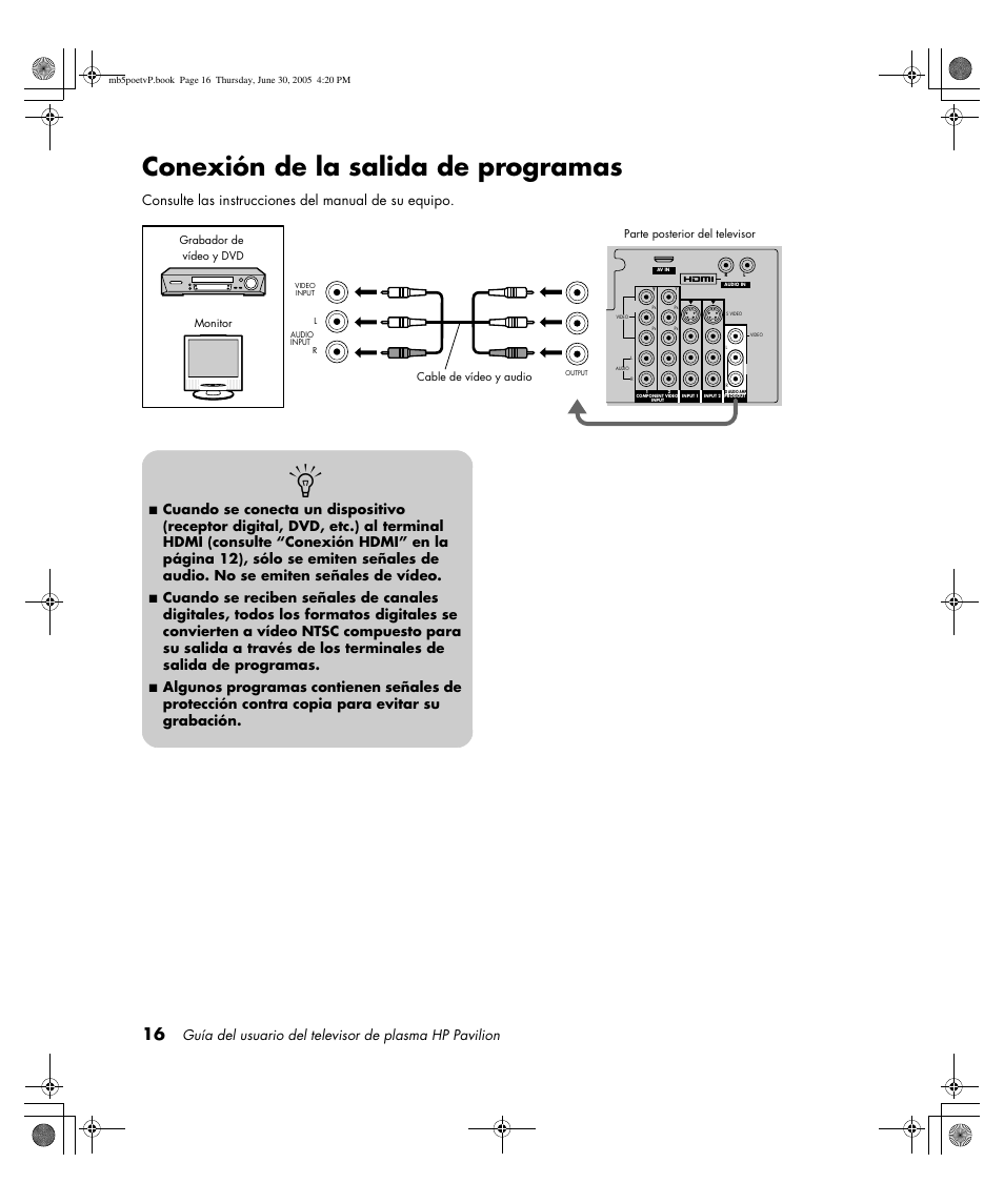 Conexión de la salida de programas, Consulte las instrucciones del manual de su equipo | HP Pavilion PE4200N User Manual | Page 186 / 242