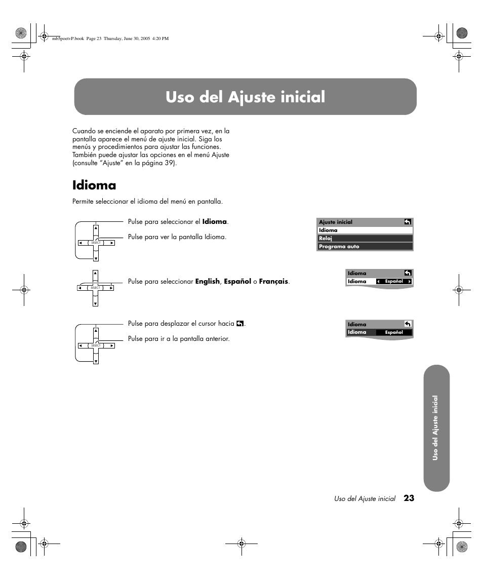 Uso del ajuste inicial, Idioma | HP Pavilion PE4200N User Manual | Page 193 / 242