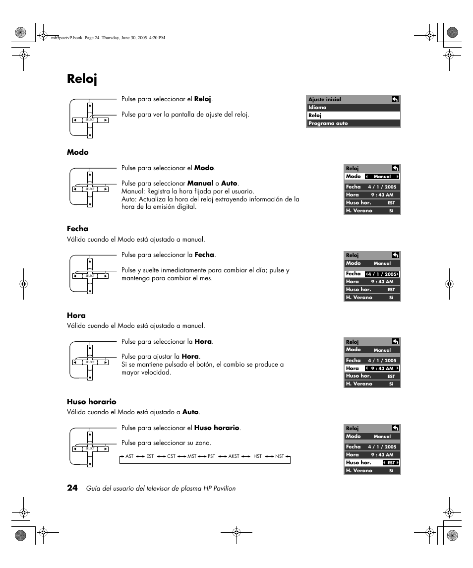 Reloj, Modo fecha, Hora | Huso horario | HP Pavilion PE4200N User Manual | Page 194 / 242