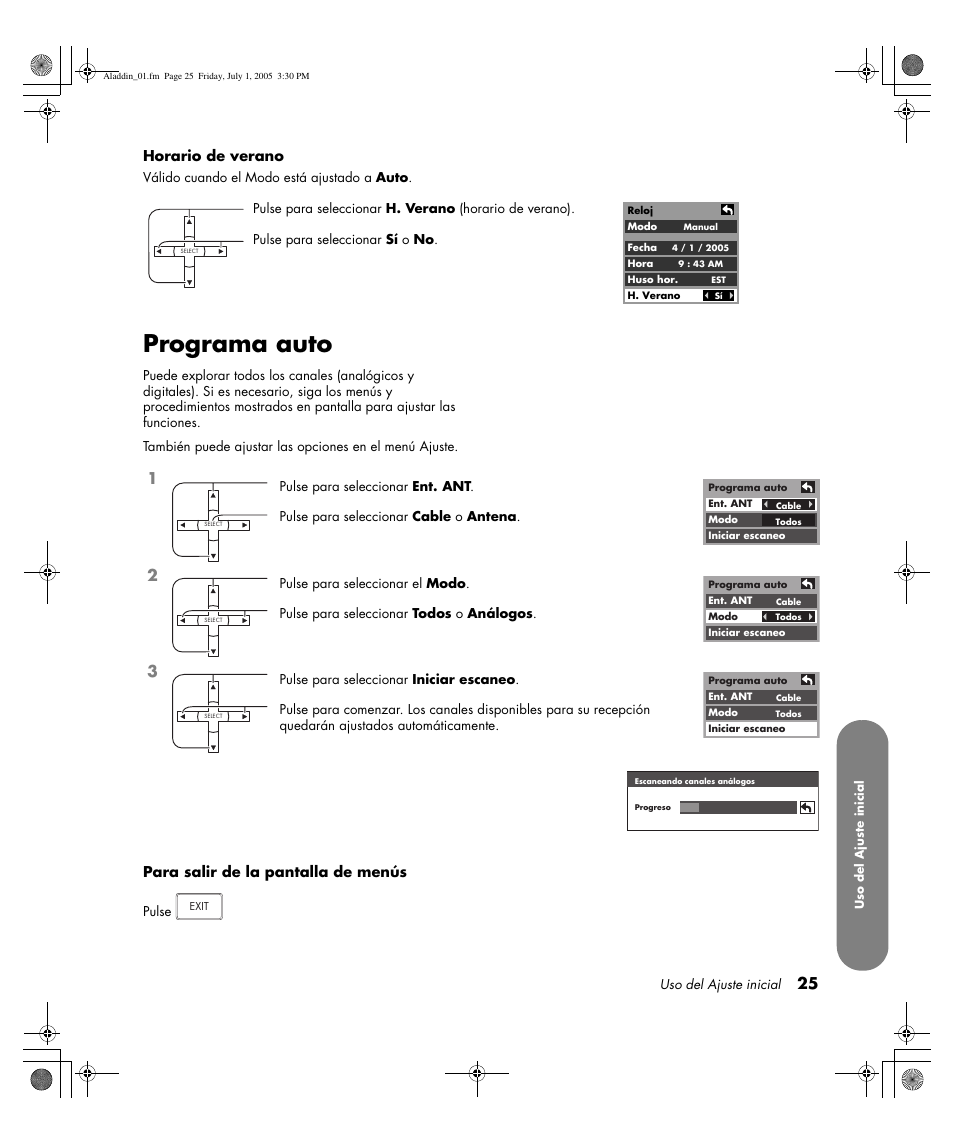 Programa auto, Horario de verano, Para salir de la pantalla de menús | HP Pavilion PE4200N User Manual | Page 195 / 242