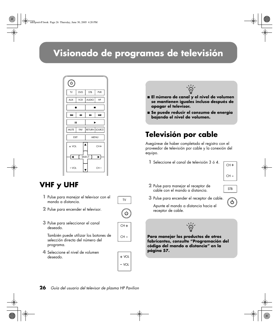 Visionado de programas de televisión, Vhf y uhf, Televisión por cable | HP Pavilion PE4200N User Manual | Page 196 / 242