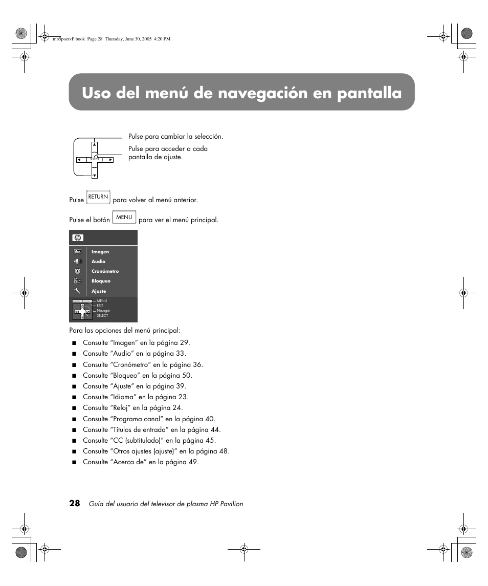 Uso del menú de navegación en pantalla | HP Pavilion PE4200N User Manual | Page 198 / 242