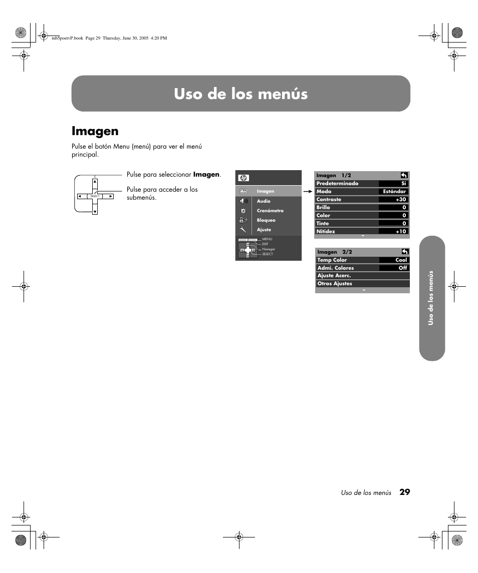 Uso de los menús, Imagen | HP Pavilion PE4200N User Manual | Page 199 / 242
