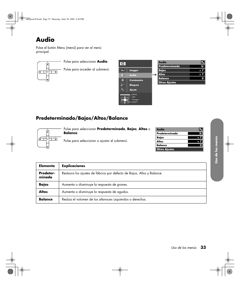 Audio, Predeterminado/bajos/altos/balance | HP Pavilion PE4200N User Manual | Page 203 / 242