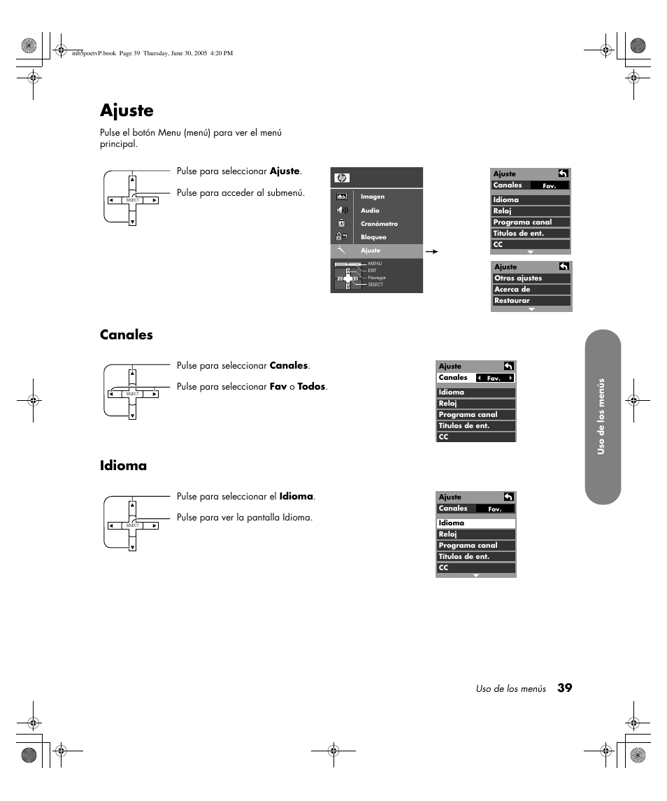 Ajuste, Canales idioma | HP Pavilion PE4200N User Manual | Page 209 / 242