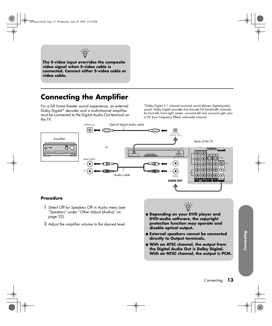 Connecting the amplifier, Procedure, Connecting | Adjust the amplifier volume to the desired level | HP Pavilion PE4200N User Manual | Page 21 / 242