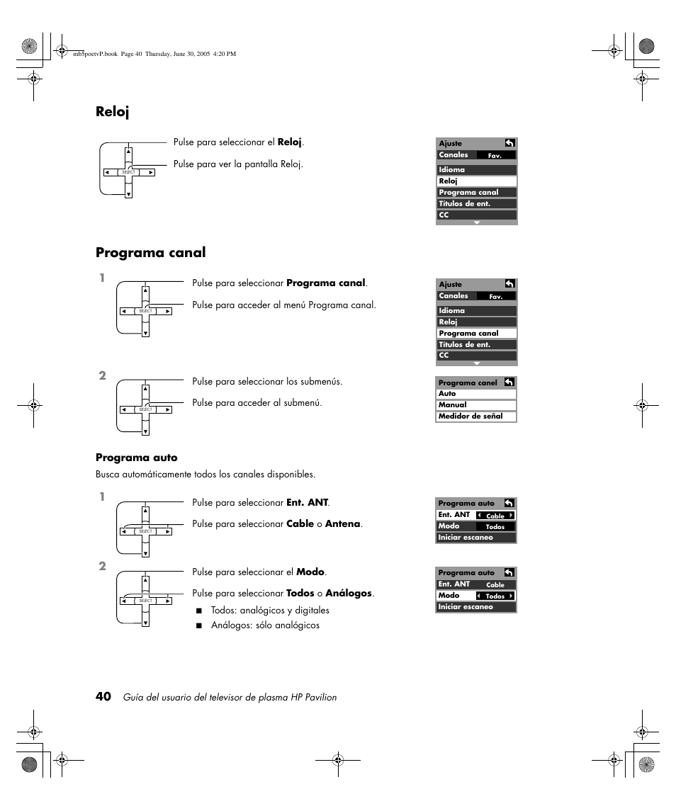 Reloj programa canal | HP Pavilion PE4200N User Manual | Page 210 / 242