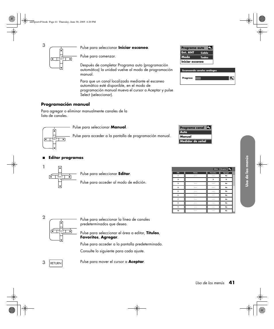 Programación manual, Uso de los menús, Editar programas | Pulse para mover el cursor a aceptar | HP Pavilion PE4200N User Manual | Page 211 / 242