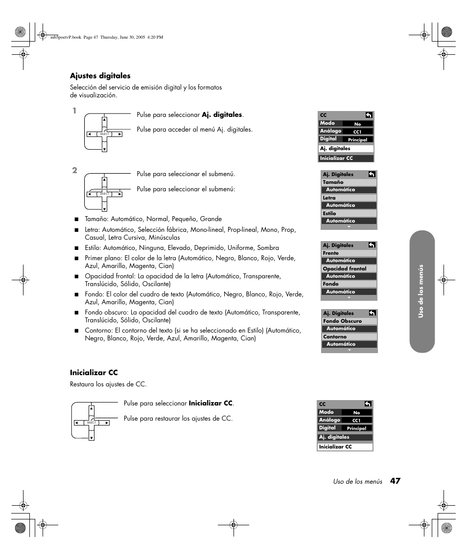 Ajustes digitales, Inicializar cc | HP Pavilion PE4200N User Manual | Page 217 / 242