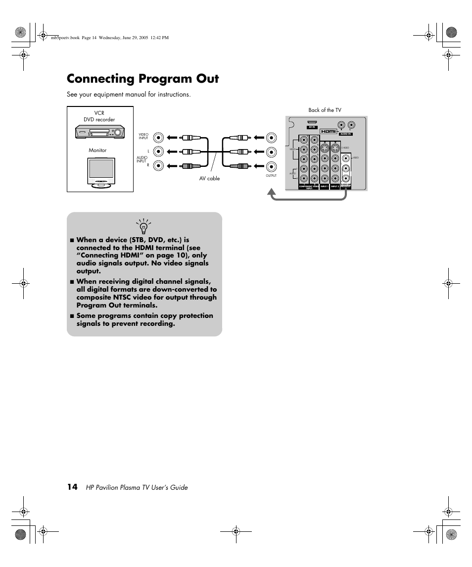 Connecting program out, Hp pavilion plasma tv user’s guide, See your equipment manual for instructions | HP Pavilion PE4200N User Manual | Page 22 / 242