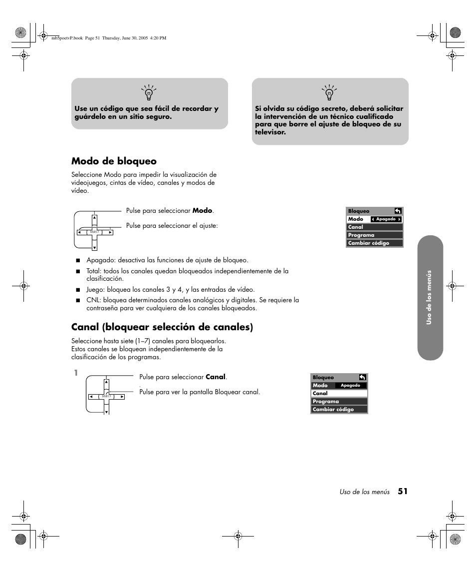 Modo de bloqueo, Canal (bloquear selección de canales) | HP Pavilion PE4200N User Manual | Page 221 / 242