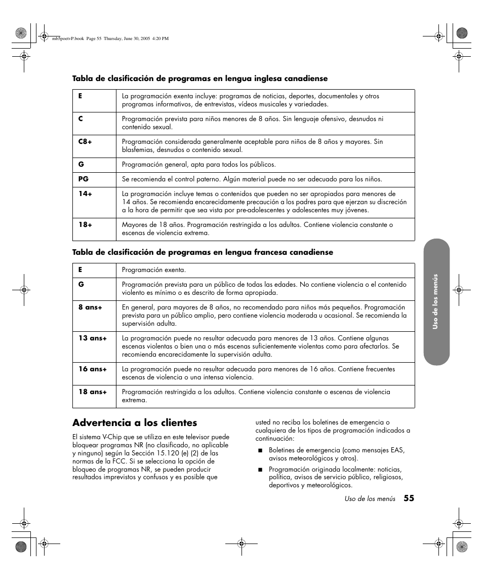 Advertencia a los clientes | HP Pavilion PE4200N User Manual | Page 225 / 242