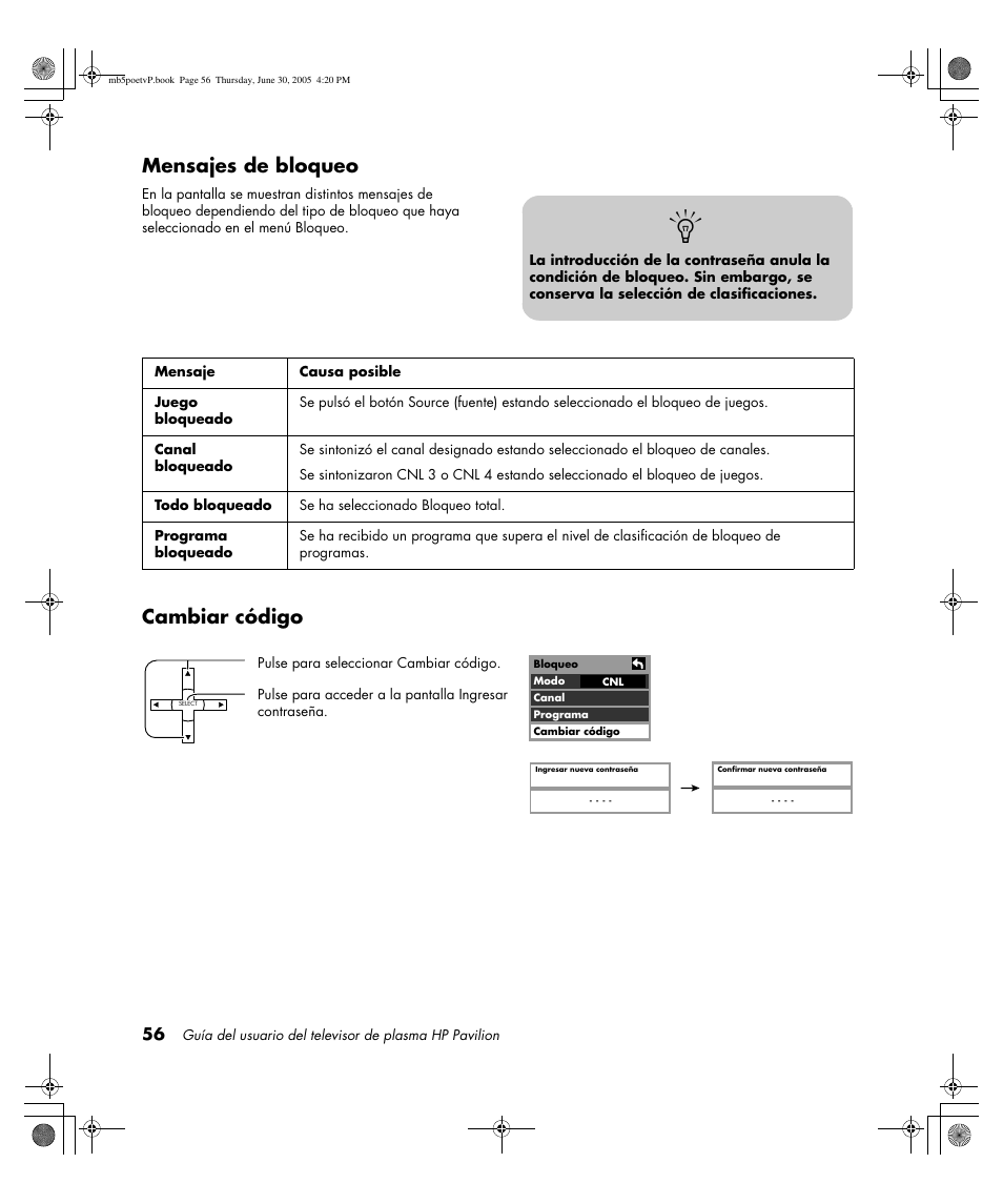 Mensajes de bloqueo, Cambiar código | HP Pavilion PE4200N User Manual | Page 226 / 242
