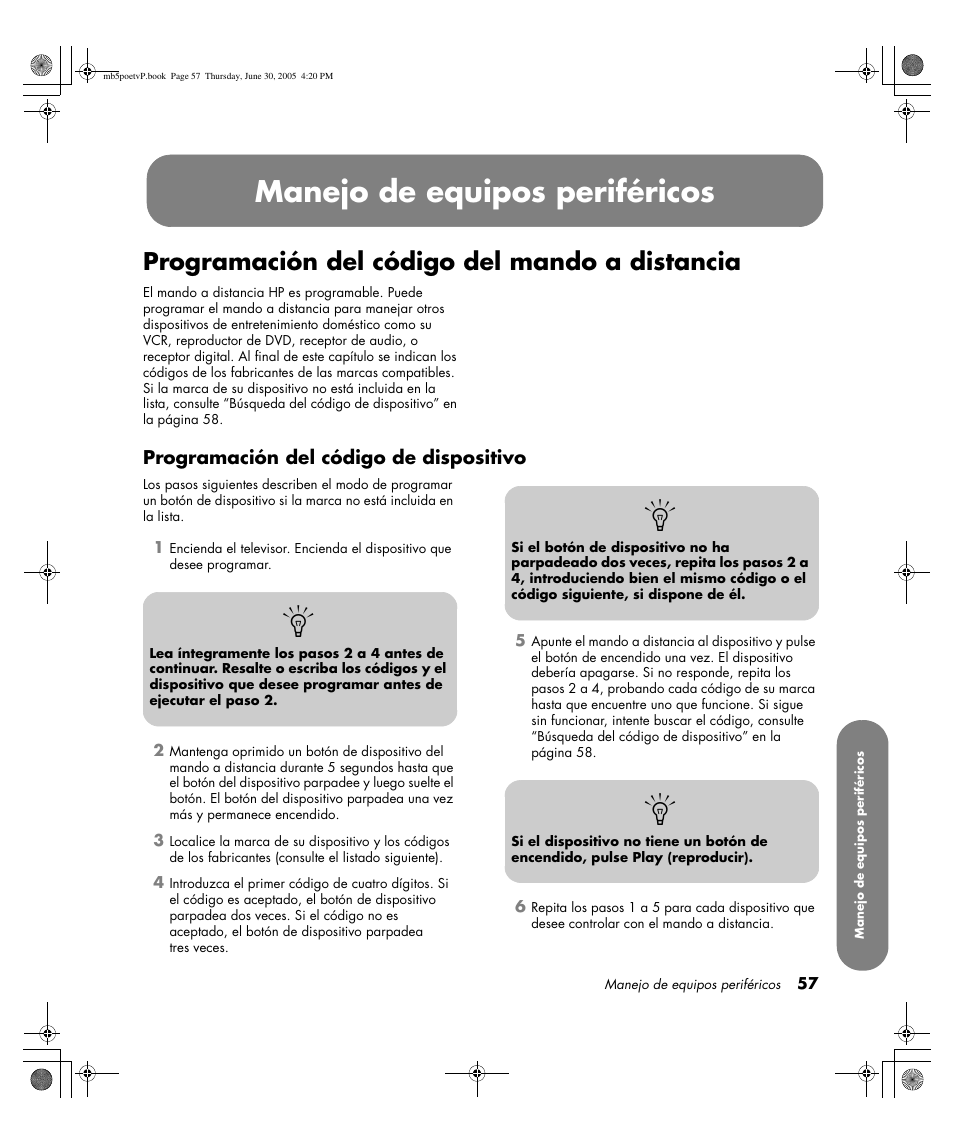 Manejo de equipos periféricos, Programación del código del mando a distancia | HP Pavilion PE4200N User Manual | Page 227 / 242