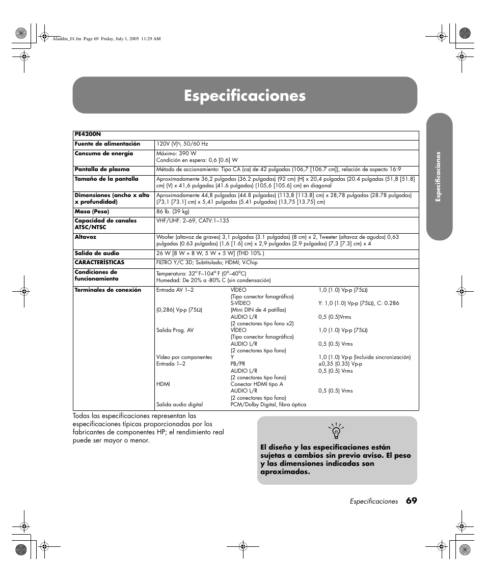 Especificaciones | HP Pavilion PE4200N User Manual | Page 239 / 242
