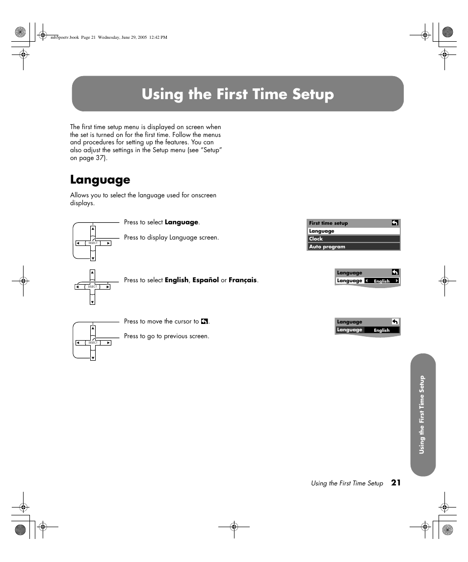 Using the first time setup, Language | HP Pavilion PE4200N User Manual | Page 29 / 242