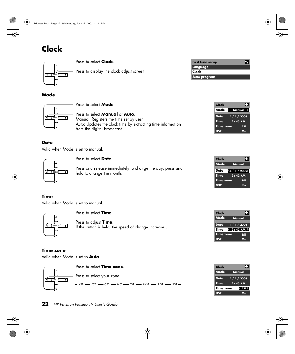 Clock, Mode date, Time | Time zone | HP Pavilion PE4200N User Manual | Page 30 / 242