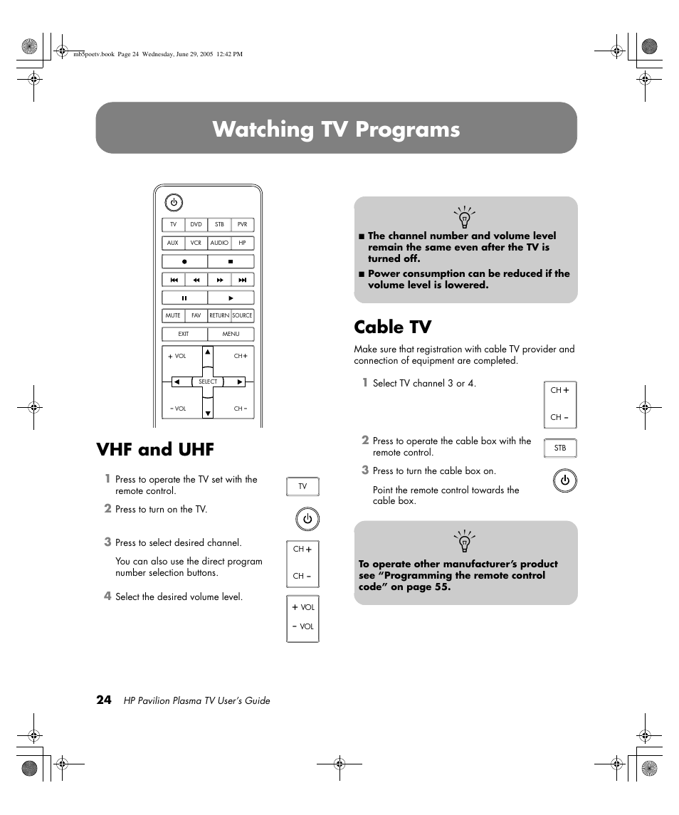 Watching tv programs, Vhf and uhf, Cable tv | HP Pavilion PE4200N User Manual | Page 32 / 242