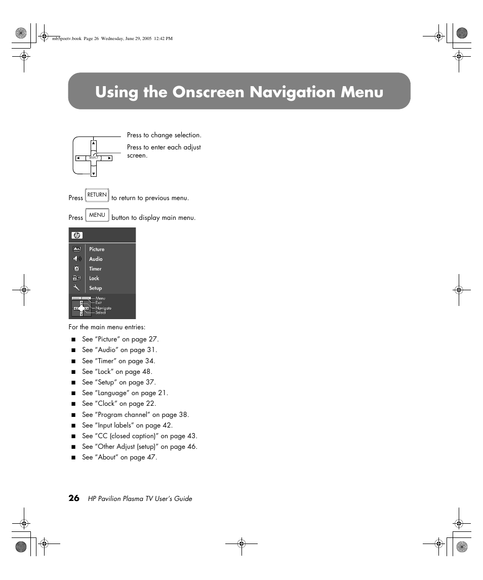 Using the onscreen navigation menu | HP Pavilion PE4200N User Manual | Page 34 / 242